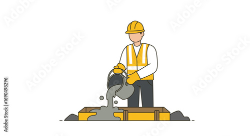 Construction worker pouring concrete into formwork on building site, wearing hard hat and safety vest, showcasing labor and construction process.