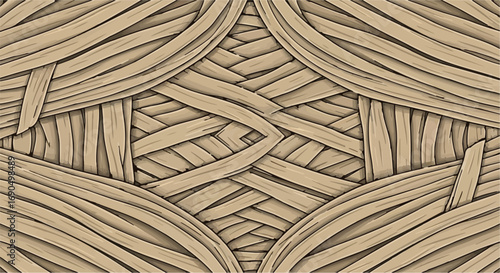Intricate woven texture of natural fibers creating a symmetrical, organic pattern with warm earthy tones.