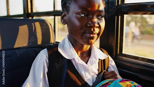 Young African American girl in school uniform sitting on school bus. schoolgirl is wearing white shirt and dark vest, with colorful backpack in her hands. Sunlight casts shadows on her face.
