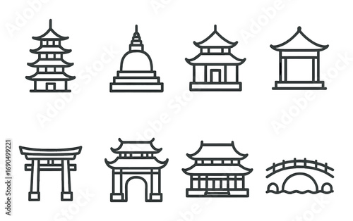 Monochrome outline icons of traditional asian architecture structures