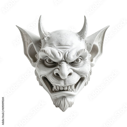 A detailed sculpted head of with menacing facial features, horns, and pointed ears, set against a transparent background. Perfect for Halloween decorations and spooky design projects.