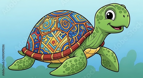 A cheerful, cartoon turtle with a vibrant, patterned shell, set against a soft backdrop, radiating a playful mood.