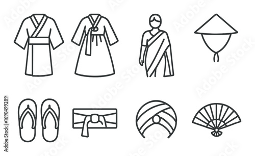 Traditional asian garments and accessories on black background