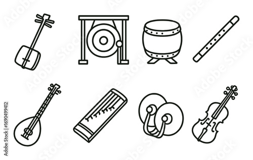 Traditional asian musical instruments illustration featuring gong, violin, flute, drum, cymbals, and string instruments