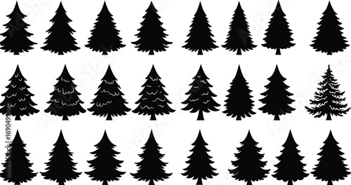 Black silhouette pine trees collection with white contour details, various shapes and styles, nature and forest vector illustrations