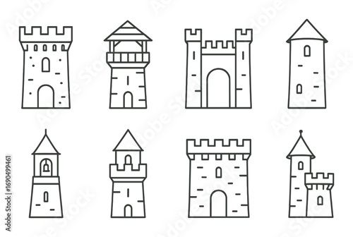 Set of eight medieval castle towers with unique architectural designs