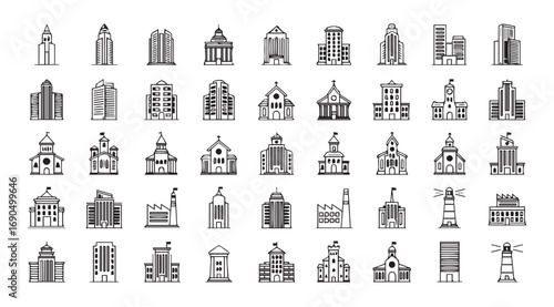 Collection of diverse building silhouettes representing city architecture silhouette