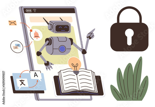 Robot on phone screen pointing at information, books, lightbulb, translation tool, lock, and notifications. Ideal for education, AI, language innovation cybersecurity digital learning simple flat