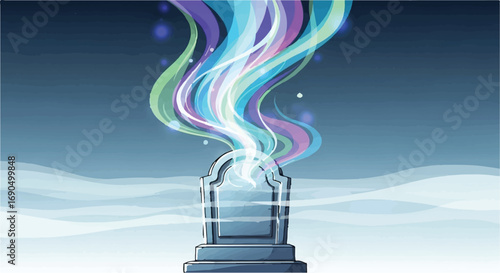 Vibrant energy erupts from a weathered stone monument, symbolizing transformation and renewal.