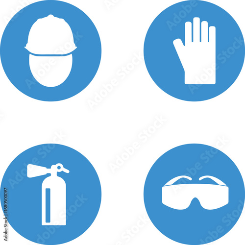 Safety First: A clear, minimalist graphic highlighting four essential safety measures for the workplace, featuring symbols representing a helmet, glove, extinguisher, and safety glasses.Set of blue we