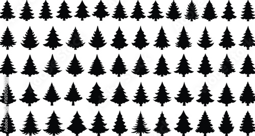 Black silhouette pine trees with diverse shapes, evergreen forest icons, seasonal nature vector, Christmas tree designs, winter foliage set