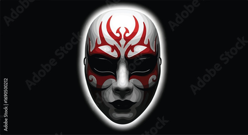 Mysterious tribal mask with striking red markings, evoking ancient rituals and hidden identities.