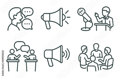 Communication icons: speech, debate, megaphone, presentation, discussion
