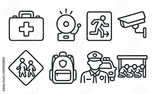 Emergency preparedness icons: first aid, evacuation, security, surveillance, safety equipment