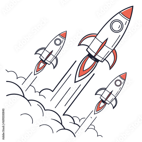 Three rockets launching with smoke trails isolated on white background, symbolizing space exploration and innovation