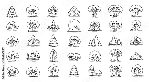 Collection of diverse tree silhouettes in a sketchy artistic style
