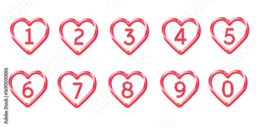 Vector number Heart buttons, clean line design Red On  transparent background