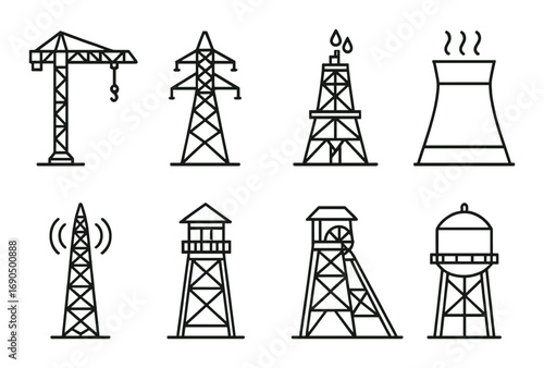 Industrial structures icons: cranes, towers, oil rigs, power plants