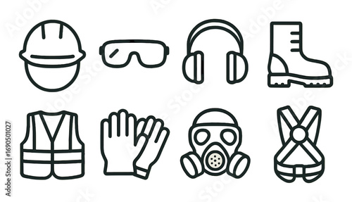 Safety gear icons: hard hat, goggles, ear protection, boots, vest, gloves, gas mask, harness