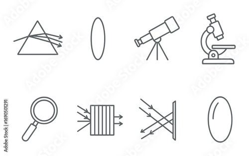 Optics symbols: prism, lens, telescope, microscope, magnifier, gratings, reflections