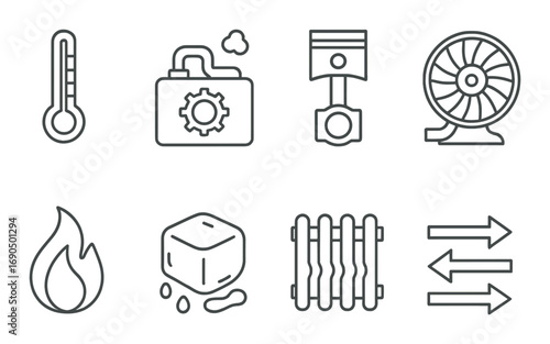 Industrial icons set: temperature, engine, piston, fan, fire, ice, radiator, arrows