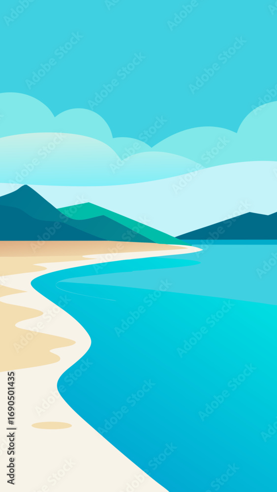Fototapeta premium Serene vector landscape illustration of a tropical beach and ocean at sunrise