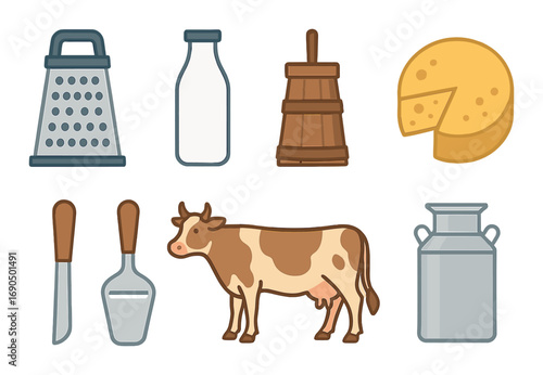 Dairy products and tools: milk, cheese, cow illustration with grater and churn