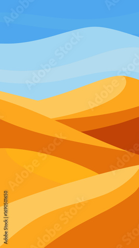 Stylized desert landscape vector illustration with rolling sand dunes and blue sky