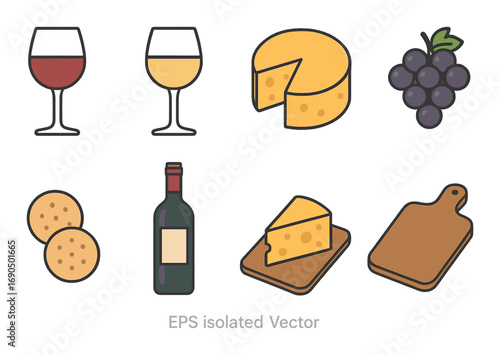 Wine and cheese set: glasses, bottle, cheese, crackers, grapes, cutting board