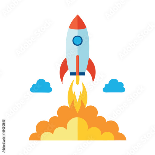Illustration of a rocket taking off into space, symbolizing a startup launch isolated on white background