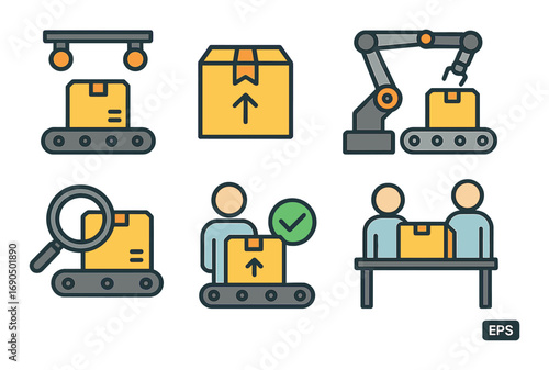 Icon set of package delivery process with conveyor belt and inspection