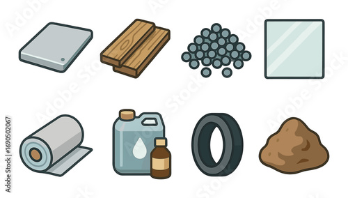 Construction materials: steel, wood, glass, paper, concrete, rubber, sand, chemicals