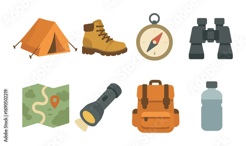 Camping gear icons: tent, boots, compass, binoculars, map, flashlight, backpack, bottle