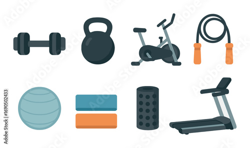 Modern fitness equipment illustration with dumbbell, kettlebell, exercise bike, and more