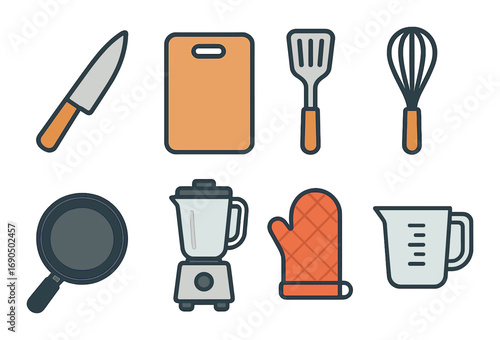 Kitchen utensils: knife, cutting board, spatula, whisk, pan, blender, oven mitt, measuring cup