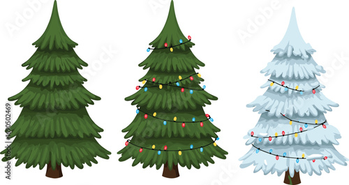 Cartoon pine trees trio, plain green, decorated with colorful Christmas lights, and snow-covered tree with holiday light decorations