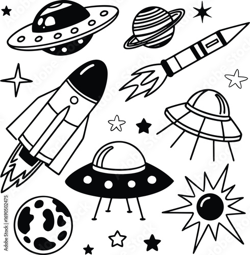 Collection of space elements isolated on white background, including planets, rockets, and ufos in black and white