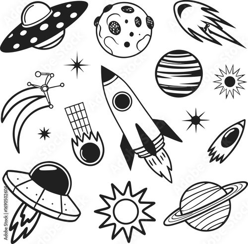 Collection of space elements isolated on white background, including planets, rockets, and ufos in black and white