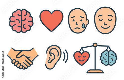 Emotional intelligence symbols: heart, brain, faces, ear, and balance scale