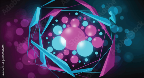 Abstract geometric shapes and glowing orbs create a vibrant, futuristic digital design with a sense of movement.