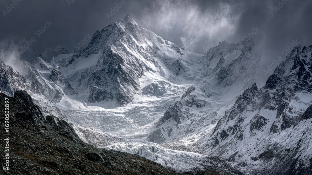 Obraz premium Snow Capped Mountain Range Under Dark Cloudy Sky in Cold Winter Landscape