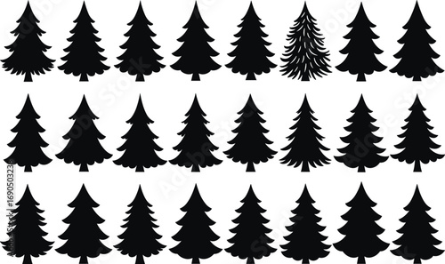 Christmas tree silhouettes set, black pine tree icons collection, festive vector evergreen shapes for holiday design and decoration