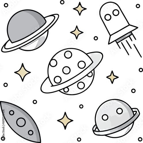 Hand drawn space elements isolated on white background featuring planets, stars, rocket and spaceship
