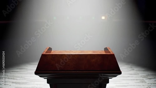 A polished wooden podium stands in a spotlight on an empty stage, ready for an upcoming speech