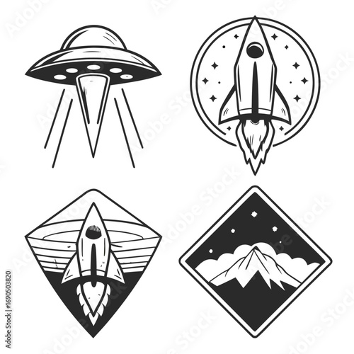 Collection of retro space exploration emblems featuring ufos and rockets isolated on white background