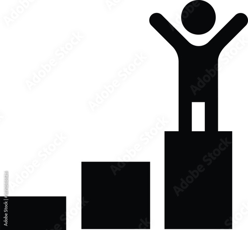 Progress to Success: A monochrome graphic illustrating a person standing victoriously atop a stepped podium, signifying accomplishment and the climb to victory.