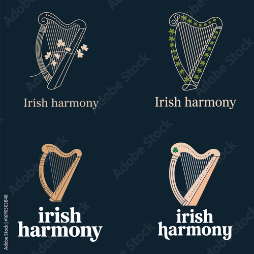 Irish harps with shamrocks and text music instrument