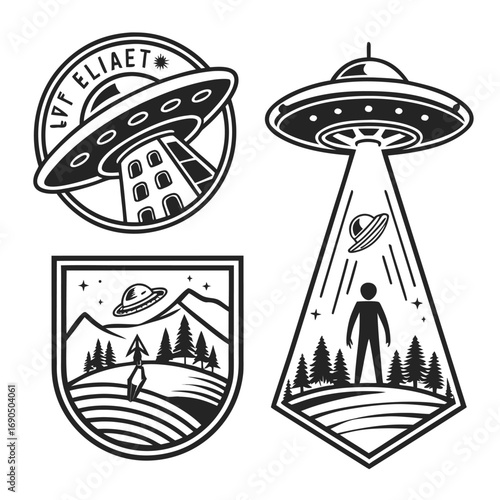 Set of ufo abduction illustrations featuring alien spacecrafts and human isolated on white background