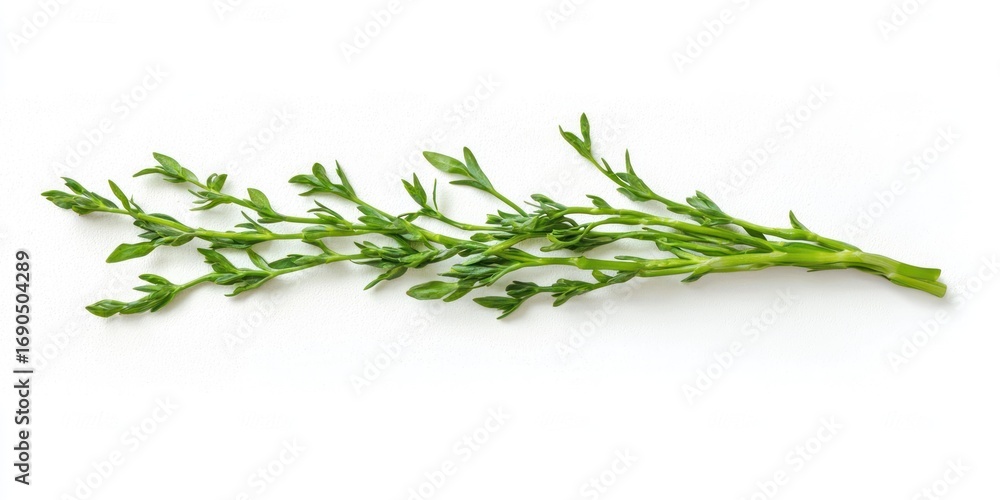 Obraz premium A sprig of sea purslane rests horizontally on a white background. The plant features slender, green stems and small, delicate leaves.
