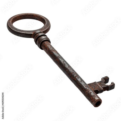 An old, rusty key with a split bit on a transparent background. Perfect for Halloween decorations and spooky design projects.